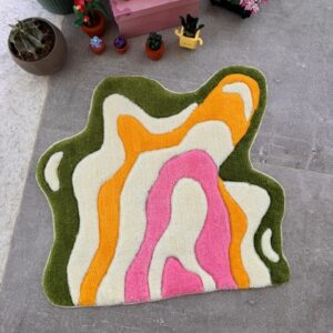 El Yapımı Tufting Halı – Retro Dalga Desenli Yeşil